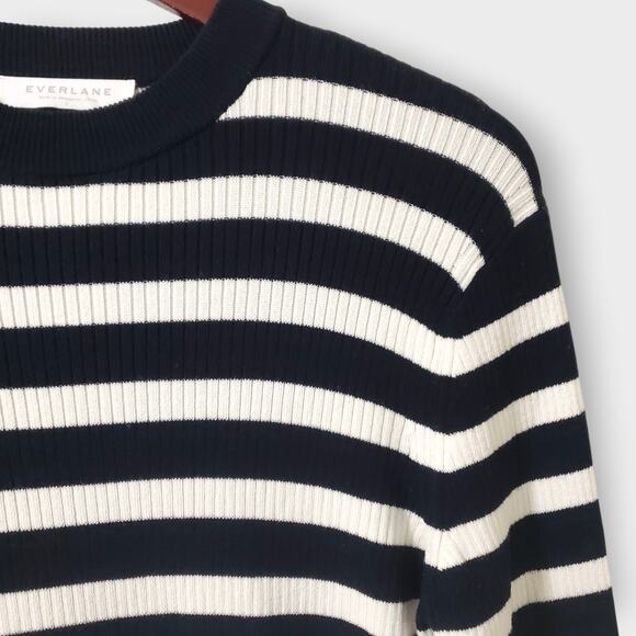 Everlane The Brenton Ribbed Crewneck Sweater Navy Blue White Stripe Sz Large - Picture 4 of 13